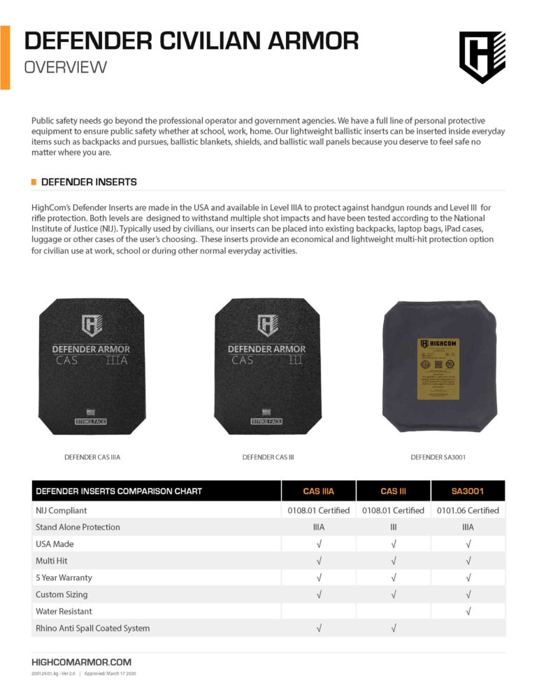 Defender Civilian Armor Overview