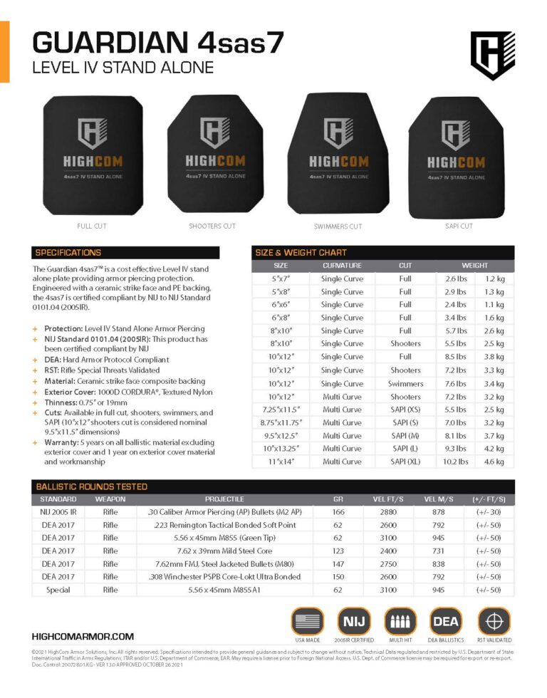 HighCom Armor Guardian 4sas7 Hard Armor Plate Spec Sheet PDF page