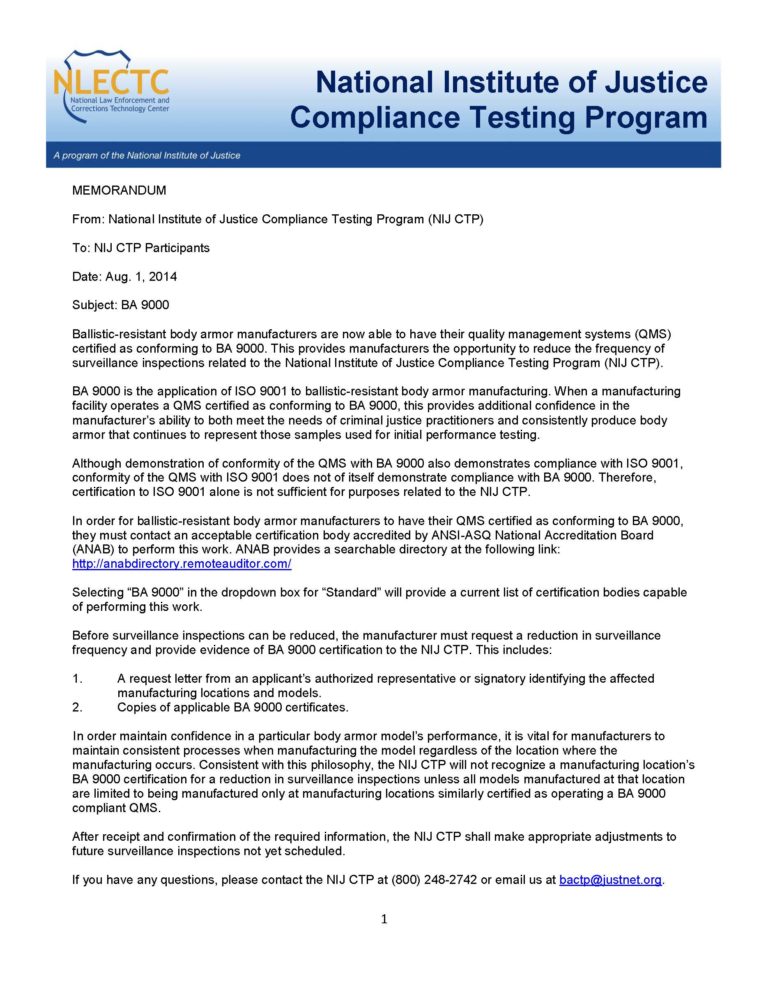 HighCom Armor NIJ CTP Memorandum BA9000