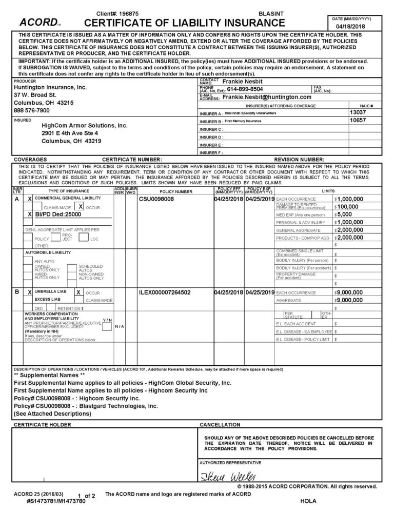 HighCom Armor Liability Certificate