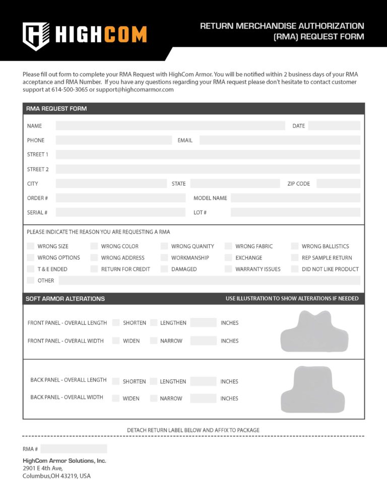 HighCom Armor RMA Request Soft Armor
