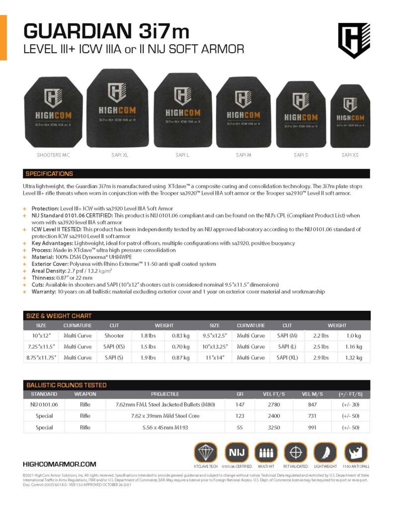HighCom Armor Guardian 3i7m Hard Armor Plate Product Spec PDF page