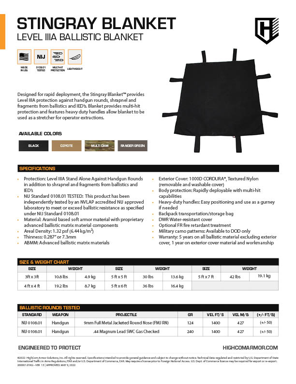 Stingray Ballistic Blanket Product Spec