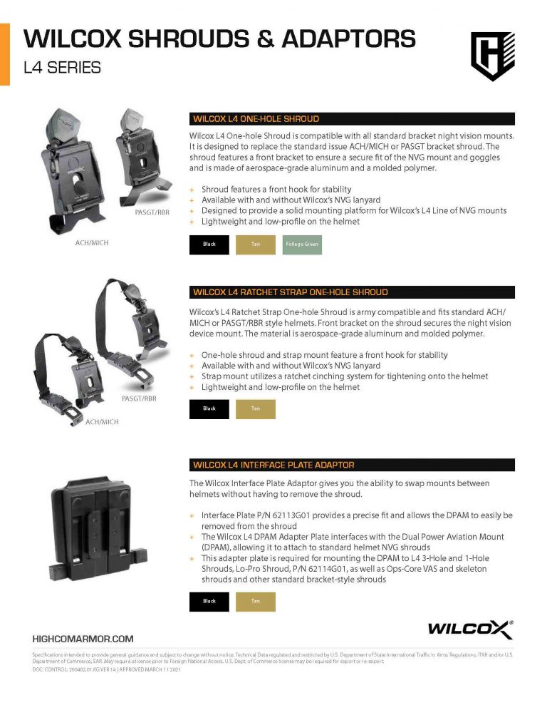 Wilcox Shrouds and Adaptors L4 Series One-Hole Ratchet Interface Plate Adaptor Product Spec Sheet PDF