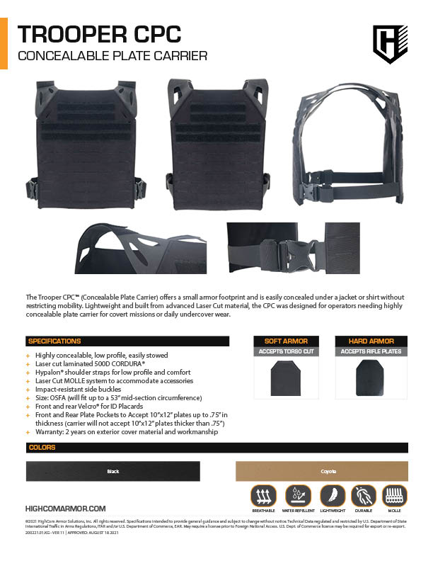 HighCom Armor Trooper CPC Concealable Carrier Product Spec PDF