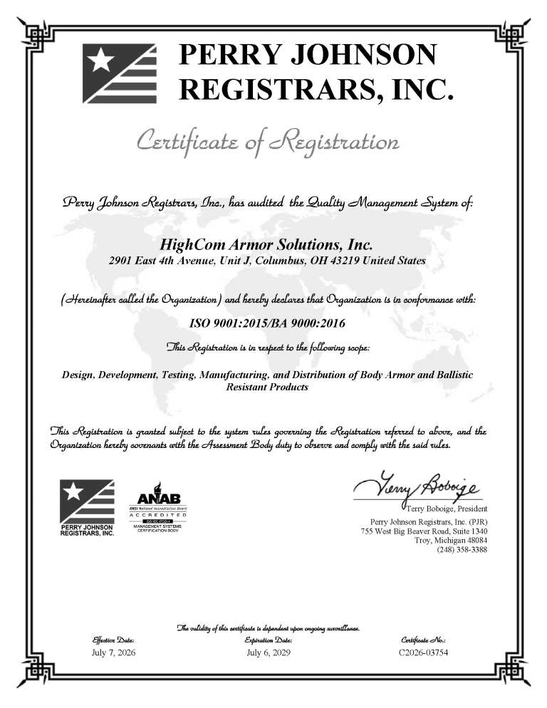 ISO 9001:2015 & BA 9000:2016 Certification | HighCom Armor