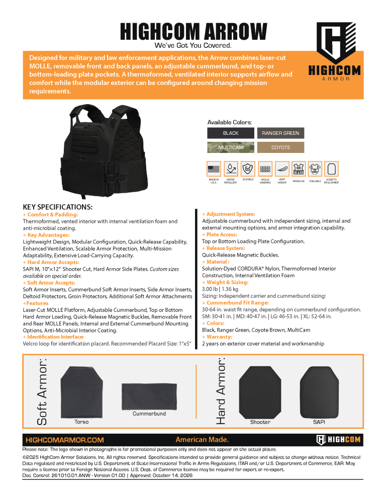 HighCom Arrow Modular Plate Carrier Spec Sheet