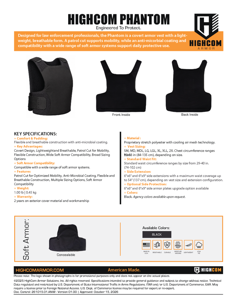 HighCom Phantom Concealable Armor Carrier Spec Sheet