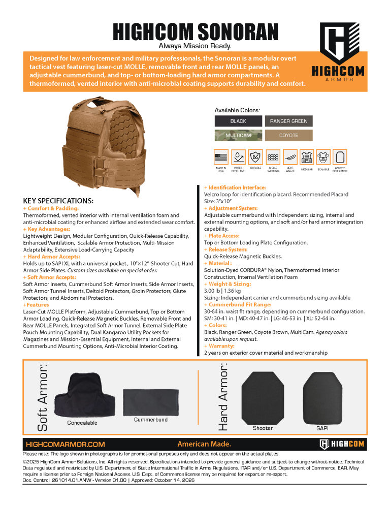 HighCom Sonoran Overt Tactical Armor Carrier Spec Sheet