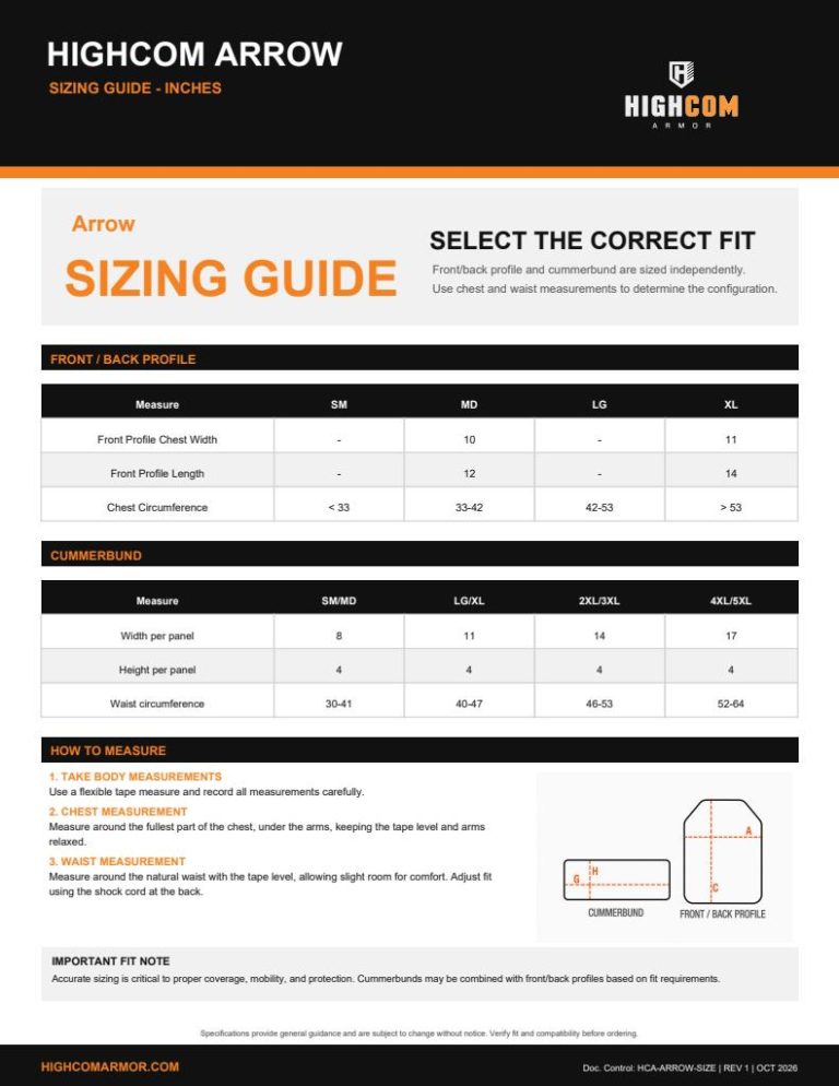 HighCom Arrow Plate Carrier Sizing Guide